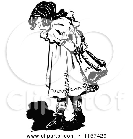 Clipart of a Retro Vintage Black and White Girl Watching Her Shadow - Royalty Free Vector Illustration by Prawny Vintage