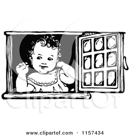 Clipart of a Retro Vintage Black and White Girl in a Window - Royalty Free Vector Illustration by Prawny Vintage