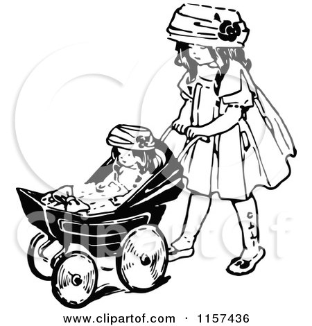 Clipart of a Retro Vintage Black and White Girl Pushing a Doll in a Stroller - Royalty Free Vector Illustration by Prawny Vintage