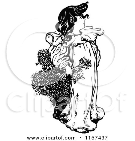 Clipart of a Retro Vintage Black and White Girl Holding a Flower - Royalty Free Vector Illustration by Prawny Vintage
