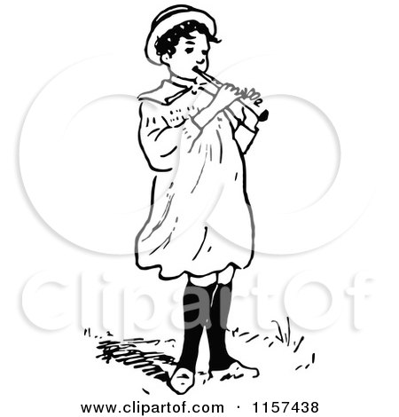 Clipart of a Retro Vintage Black and White Child Playing a Flute - Royalty Free Vector Illustration by Prawny Vintage