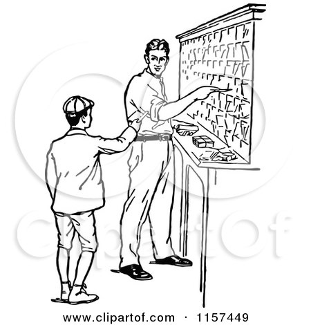 Clipart of a Retro Vintage Black and White Boy and Man in a Sorting Office - Royalty Free Vector Illustration by Prawny Vintage