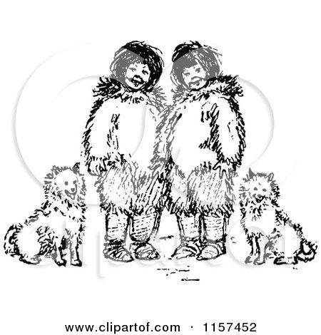 Clipart of Retro Vintage Black and White Eskimo Kids and Dogs - Royalty Free Vector Illustration by Prawny Vintage