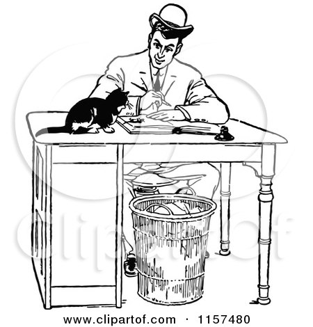 Clipart of a Retro Vintage Black and White Man Working at a Desk with a Cat - Royalty Free Vector Illustration by Prawny Vintage