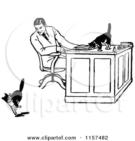 Clipart of a Retro Vintage Black and White Man Watching Cats at a Desk - Royalty Free Vector Illustration by Prawny Vintage