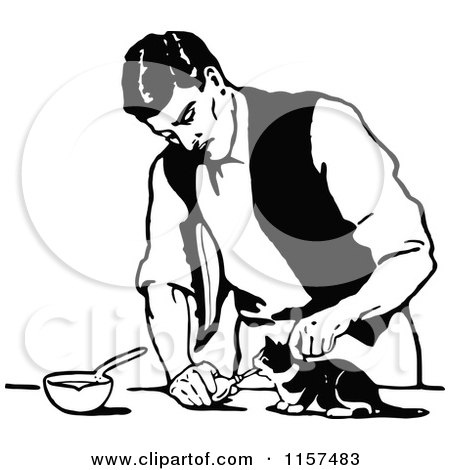 Clipart of a Retro Vintage Black and White Man Feeding a Kitten - Royalty Free Vector Illustration by Prawny Vintage