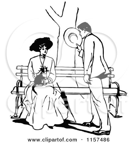 Clipart of a Retro Vintage Black and White Courting Couple with a Cat at a Bench - Royalty Free Vector Illustration by Prawny Vintage
