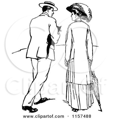 Clipart of a Retro Vintage Black and White Courting Couple Strolling with a Cat - Royalty Free Vector Illustration by Prawny Vintage