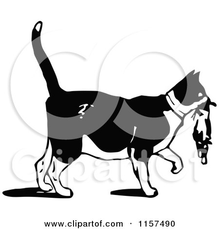 Clipart of a Retro Vintage Black and White Cat Carrying a Kitten - Royalty Free Vector Illustration by Prawny Vintage