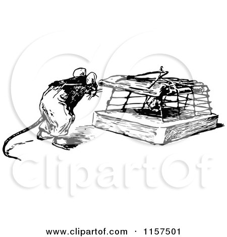 Clipart of a Retro Vintage Black and White Mouse by a Trap - Royalty Free Vector Illustration by Prawny Vintage