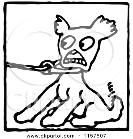 Clipart of a Retro Vintage Black and White Dog Pulling Against a Leash - Royalty Free Vector Illustration by Prawny Vintage