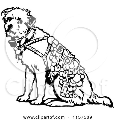 Clipart of a Retro Vintage Black and White Dog with a Vest - Royalty Free Vector Illustration by Prawny Vintage