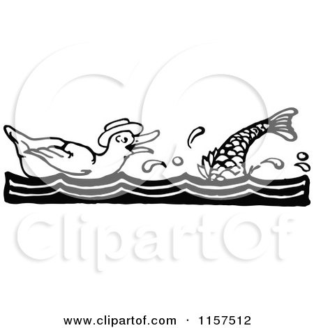 Clipart of a Retro Vintage Black and White Duck and Fish - Royalty Free Vector Illustration by Prawny Vintage