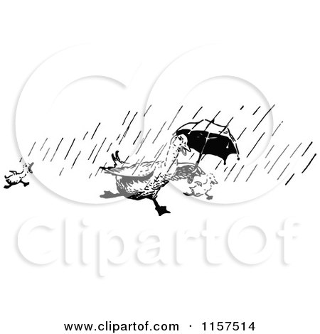Clipart of a Retro Vintage Black and White Ducks Running in the Rain with an Umbrella - Royalty Free Vector Illustration by Prawny Vintage