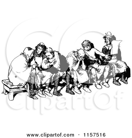 Clipart of a Retro Vintage Black and White Group of Men on a Bench - Royalty Free Vector Illustration by Prawny Vintage