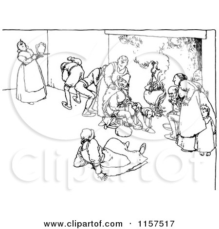 Clipart of a Retro Vintage Black and White Group of People Around a Fire - Royalty Free Vector Illustration by Prawny Vintage