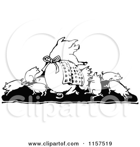 Clipart of a Retro Vintage Black and White Pig Family - Royalty Free Vector Illustration by Prawny Vintage
