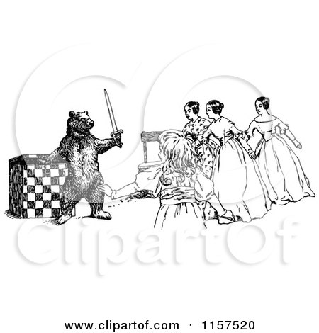 Clipart of a Retro Vintage Black and White Bear Holding a Sword Against Women - Royalty Free Vector Illustration by Prawny Vintage