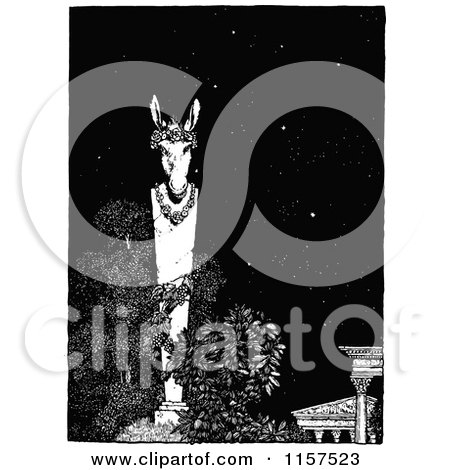 Clipart of a Retro Vintage Black and White Donkey Garden Statue at Night - Royalty Free Vector Illustration by Prawny Vintage