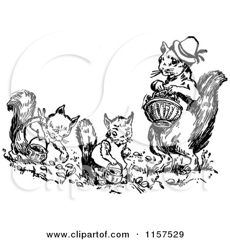 Clipart of a Retro Vintage Black and White Squirrel Family Gathering Acorns - Royalty Free Vector Illustration by Prawny Vintage