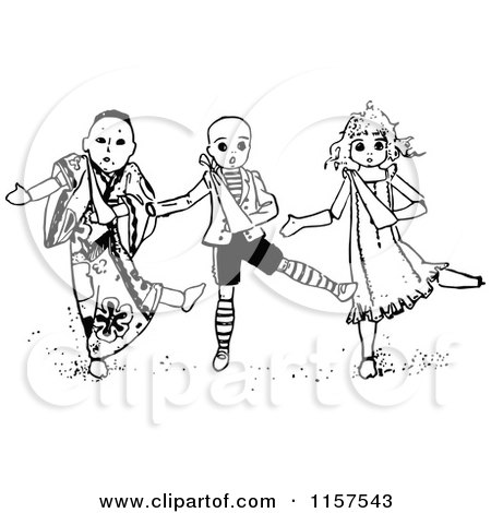 Clipart of Retro Vintage Black and White Dancing Dolls - Royalty Free Vector Illustration by Prawny Vintage