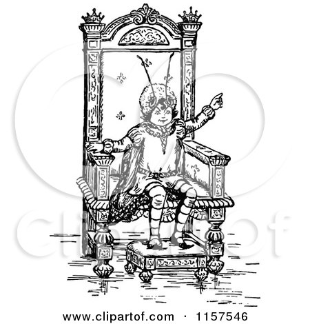 Clipart of a Retro Vintage Black and White Bug Kid on a Throne - Royalty Free Vector Illustration by Prawny Vintage