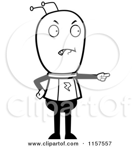 Cartoon Clipart Of A Black And White Alien Pointing - Vector Outlined Coloring Page by Cory Thoman