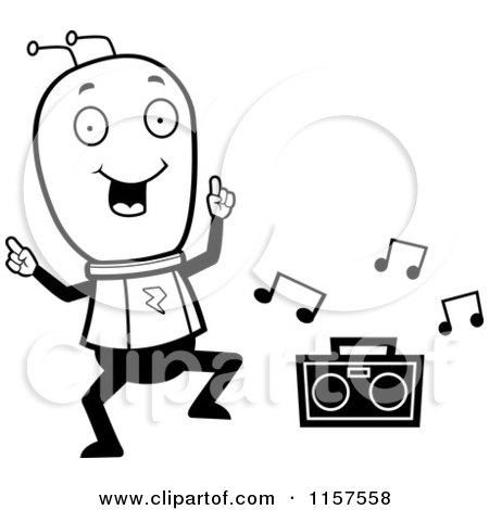 Cartoon Clipart Of A Black And White Space Alien Dancing to Music - Vector Outlined Coloring Page by Cory Thoman