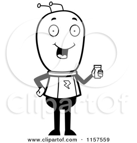 Cartoon Clipart Of A Black And White Alien Holding a Glass of Water - Vector Outlined Coloring Page by Cory Thoman