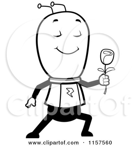 Cartoon Clipart Of A Black And White Romantic Alien Giving a Rose - Vector Outlined Coloring Page by Cory Thoman