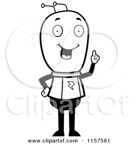 Cartoon Clipart Of A Black And White Smart Extraterrestrial Being with an Idea - Vector Outlined Coloring Page by Cory Thoman
