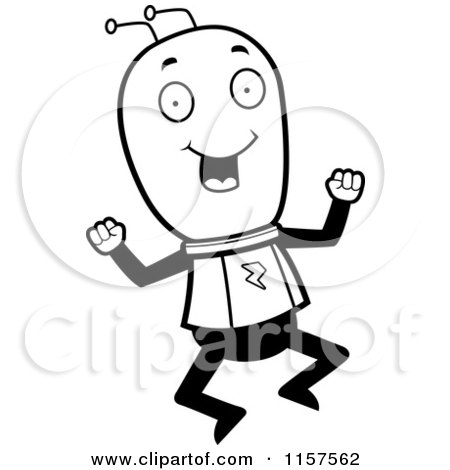 Cartoon Clipart Of A Black And White Alien Jumping - Vector Outlined Coloring Page by Cory Thoman
