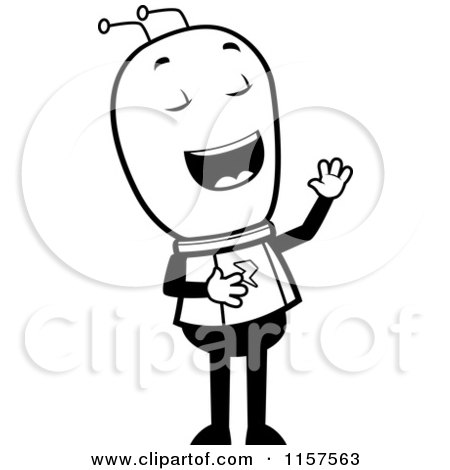 Cartoon Clipart Of A Black And White Space Alien Laughing - Vector Outlined Coloring Page by Cory Thoman