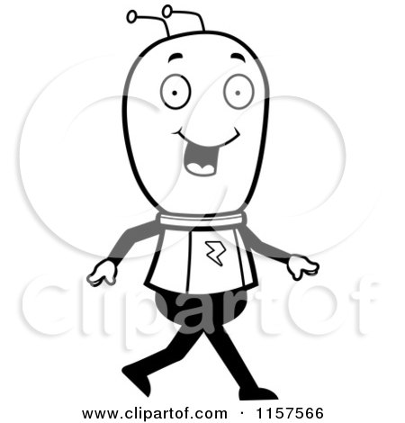 Cartoon Clipart Of A Black And White Happy Alien Walking - Vector Outlined Coloring Page by Cory Thoman