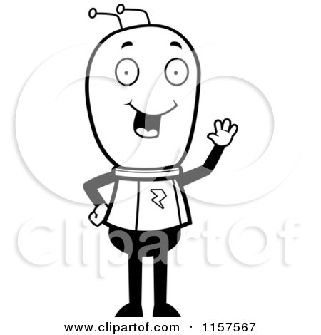 Cartoon Clipart Of A Black And White Waving Extraterrestrial Being - Vector Outlined Coloring Page by Cory Thoman