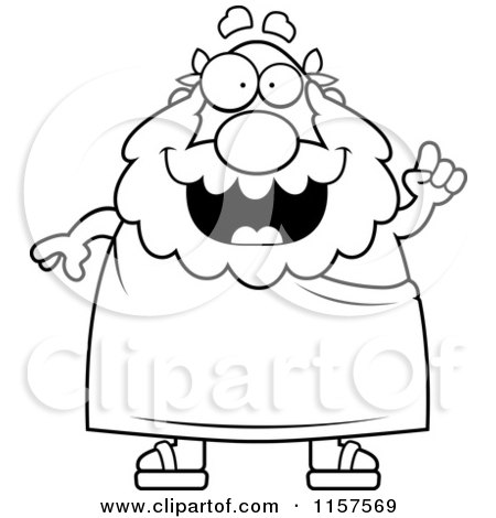 Cartoon Clipart Of A Black And White Plump Greek Man Holding up an Idea and Expressing an Idea - Vector Outlined Coloring Page by Cory Thoman