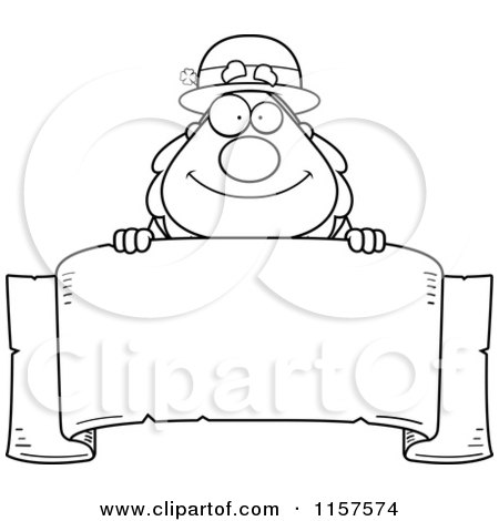 Cartoon Clipart Of A Black And White Plump Leprechaun Looking over a Blank Banner - Vector Outlined Coloring Page by Cory Thoman
