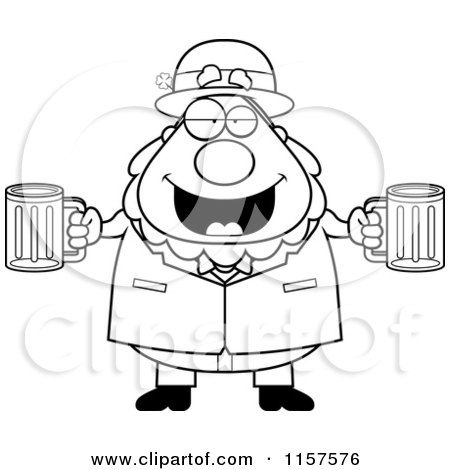 Cartoon Clipart Of A Black And White Chubby Leprechaun with Beer Mugs - Vector Outlined Coloring Page by Cory Thoman
