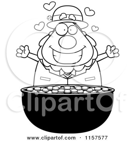 Cartoon Clipart Of A Black And White Chubby Leprechaun over His Gold - Vector Outlined Coloring Page by Cory Thoman