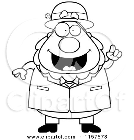 Cartoon Clipart Of A Black And White Happy Leprechaun with an Idea - Vector Outlined Coloring Page by Cory Thoman