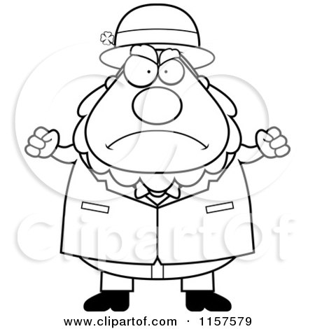 Cartoon Clipart Of A Black And White Plump Leprechaun Waving His Fists in Anger - Vector Outlined Coloring Page by Cory Thoman