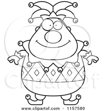 Cartoon Clipart Of A Black And White Pudgy Jester - Vector Outlined Coloring Page by Cory Thoman