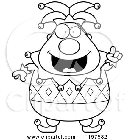 Cartoon Clipart Of A Black And White Pudgy Jester with an Idea - Vector Outlined Coloring Page by Cory Thoman