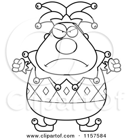 Cartoon Clipart Of A Black And White Pudgy Mad Jester - Vector Outlined Coloring Page by Cory Thoman