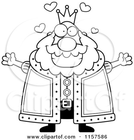 Cartoon Clipart Of A Black And White Plump King with Open Arms - Vector Outlined Coloring Page by Cory Thoman