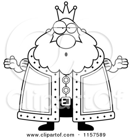 Cartoon Clipart Of A Black And White Careless Plump King Shrugging - Vector Outlined Coloring Page by Cory Thoman
