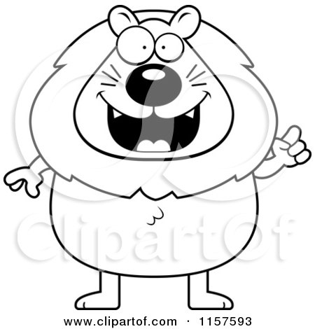 Cartoon Clipart Of A Black And White Plump Lion with an Idea - Vector Outlined Coloring Page by Cory Thoman