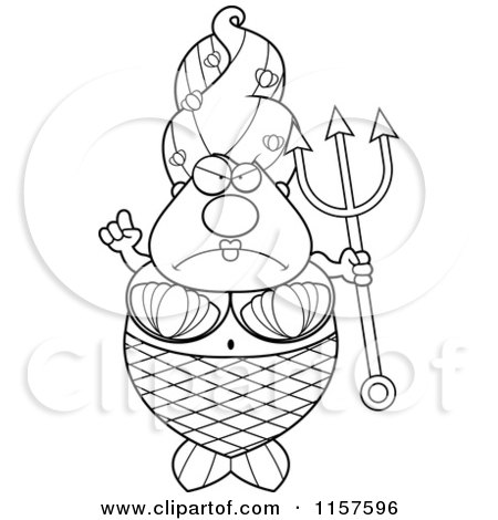 Cartoon Clipart Of A Black And White Plump Mermaid with a Trident - Vector Outlined Coloring Page by Cory Thoman