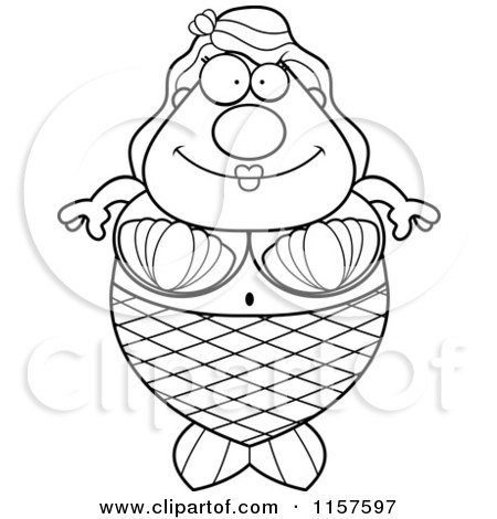 Cartoon Clipart Of A Black And White Plump Mermaid - Vector Outlined Coloring Page by Cory Thoman
