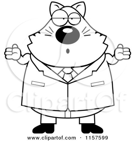 Cartoon Clipart Of A Black And White Careless Cat Shrugging in a Suit - Vector Outlined Coloring Page by Cory Thoman